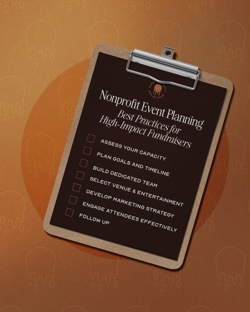clipboard on orange background with nonprofit event planning checklist
